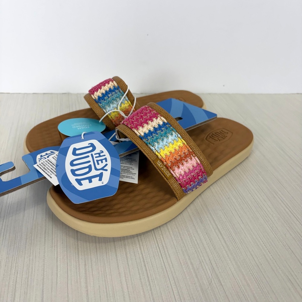 HEYDUDE Maui Breeze Toe Loop Sandal Rainbow Tan Women's Size 6 NEW